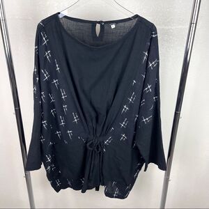 Yasuko Black Batwing Asymmetrical Grey Lagenlook Artsy Blouse Top 1X